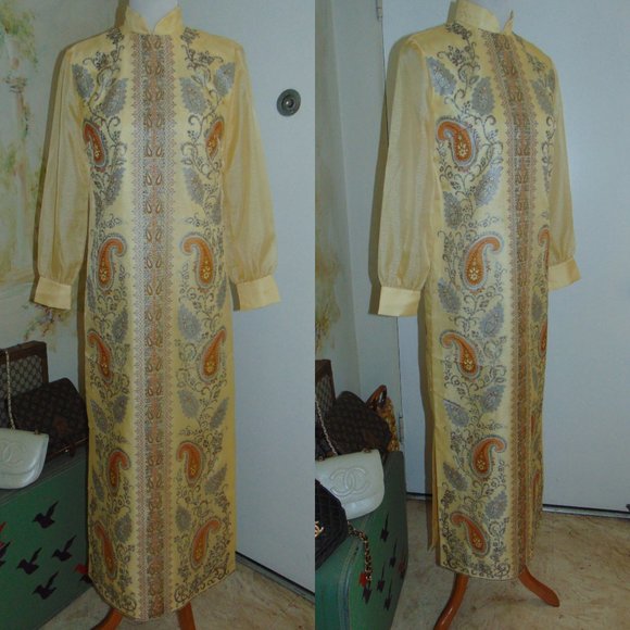 Vintage 60s 70s Alfred Shaheen Kaftan Long Sleeve Yellow Hawaiian Maxi Dress 10 - Picture 1 of 15